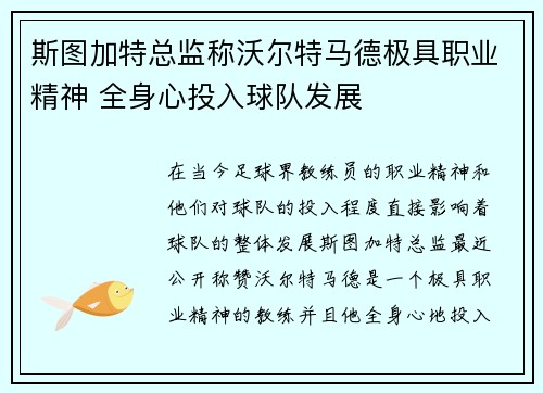 斯图加特总监称沃尔特马德极具职业精神 全身心投入球队发展